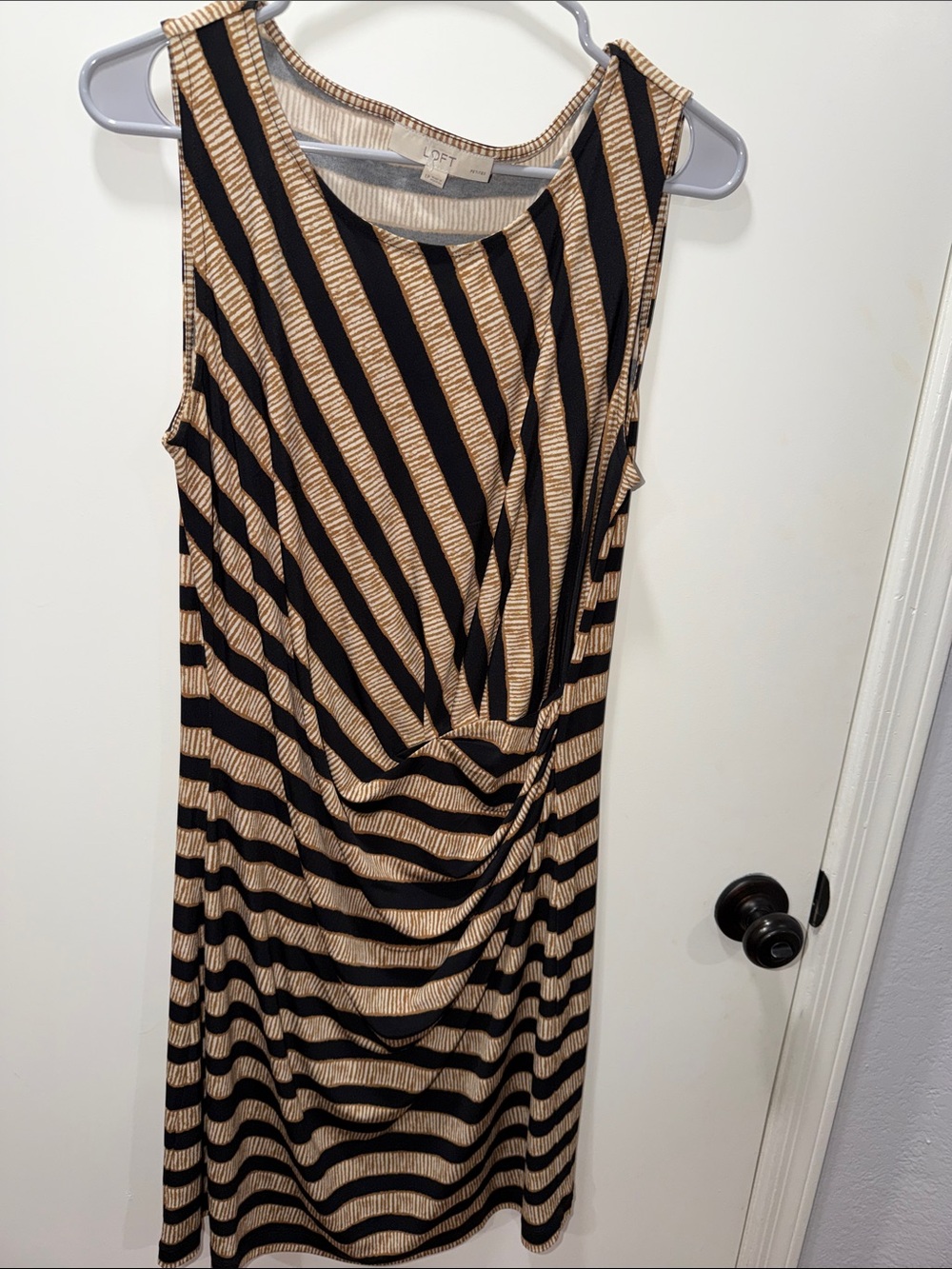 LOFT Black and Tan Striped Sleeveless Twist-Front Sheath Dress